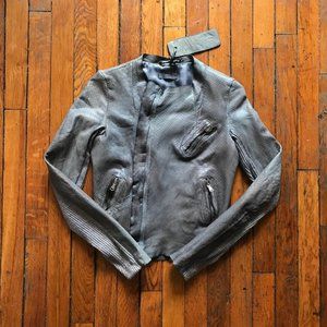 BLUR Women Grey Blue Real Leather Snakeskin Carved Pattern Biker
Jacket-XSmall